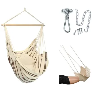 AMAZONAS Hängesessel Brasil Set Cappuccino | Brasil Hängesessel + Deckenhaken Power Hook + Fußablage | Sitzfläche 130x160 cm bis 150 kg hellgestreift