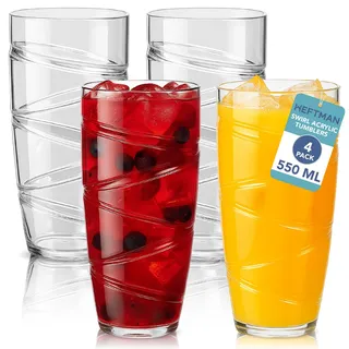 HEFTMAN Plastikbecher 4er-Set - 4 Stück (Klar) | 550 ml Acryl-Trommelgläser mit Wirbel-Design - wiederverwendbare Kunststoffgläser für Garten, Picknicks, Camping