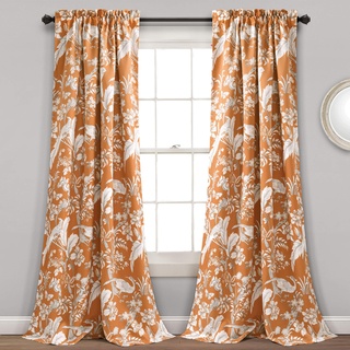 Lush Decor Dolores 2 STK. Lichtfilternde Fensterpaneele, 132 x 213 cm, Orange – Stoffvorhänge – Blumen-Vogeldruck – Grandmillennial & Französischer Landhausstil – Landhaus & maximalistische Deko