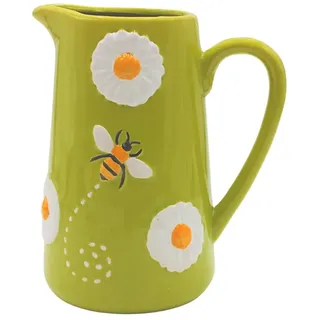 XL Dekovase, Kannenvase, Blumenvase, Frühlingsvase, Keramikvase, Tischvase, Vase mit Bienen und Mageriten, Vase mit Bienen Dekor aus Keramik mit Griff in Kannenform, in grün, L/B/H 20 x 12 x 19 cm.
