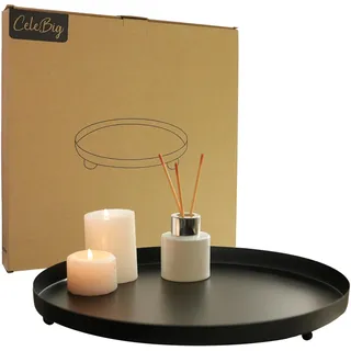 CeleBig® Deko Tablett Rund Ø40cm | Dekoteller und Dekotablett aus Metall Schwarz mit 3 stabilen Füßchen | Serviertablett Matt Schwarz | Tischdeko | Halter für Kerzen | Zeitloses Design | Geschenkidee