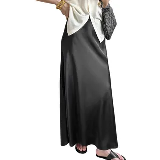 SCJJZ Röcke für Damen,Damen-Satin-Rock mit hoher Taille, Sommer, eleganter schwarzer Langer Rock (Größe L)