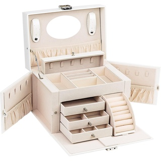 AdelDream Schmuckkästchen Schmuckkoffer groß abschließbar mit Spiegel schmuck box jewellery box für Ringe Ohrringe geschenke grosser schmuckbox abschließbar Weiß