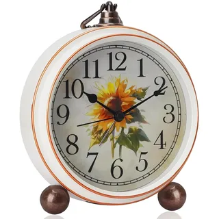 BVI BOOMERVIVI Tischuhr Analog 14 cm, Vintage Tischuhr ohne Ticken mit Lautlosem Uhrwerk, Batteriebetrieben, Klein Wecker mit Metallrahmen für Büro, Wohnzimmer, Schlafzimmer (Sonnenblume)