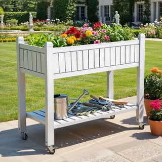 DWVO Hochbeete mit Rankgitter 108.5 * 44 * 89.5cm,Garten-Rankgitter mit Rädern, Drainagelöchern und Stopfen für Kletterpflanzen, Hochbeet hält 6.8 kg für Gemüse, Blumen(Weiß)