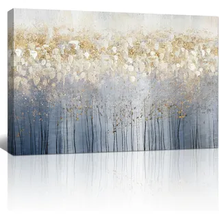 FajerminArt Mit Rahmen Blüte Baum Leinwand Bilder, Abstrakt Grau Gold Geblümt Bild auf Leinwand Bild Kunstdruck, Modern Wandbilder XXL Deko für Wohnzimmer Schlafzimmer fertig zum Aufhängen 90x60cm