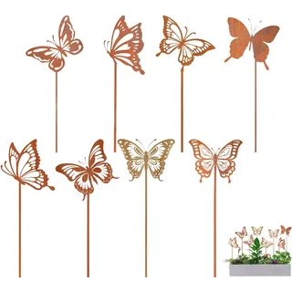 Rusokufo 8 STK Rost Gartenstecker, Metall Schmetterling Gartendeko, Wetterfeste Frühlings-, Sommer- & Herbstdeko für Balkon, Terrasse & Blumenbeet, Blumenstecker für Außenbereich Naturliebhaber