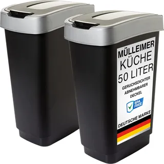Duo Mülleimer mit 2 Fächern, 2x50L, geruchsdicht, Schwingdeckel, robust, schwarz/silber - Schwarz