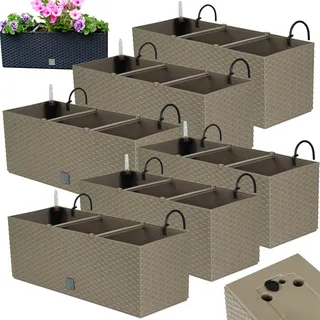 Blumenkasten Balkon Set 6 X 51x19x18,5 cm | Balkonkasten in Rattanoptik | Pflanzkasten mit Griff, Halterungen und Bewässerungssystem | Blumentöpfe für Terrasse | Pflanzkübel in edlem Design | Mocca