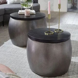 WOHNLING Couchtisch 2er Set Mango Massivholz Satztisch Rund Silber Wohnzimmertisch Aluminium abnehmbarer Deckel Beistelltisch Modern Metall / Holz - Silber