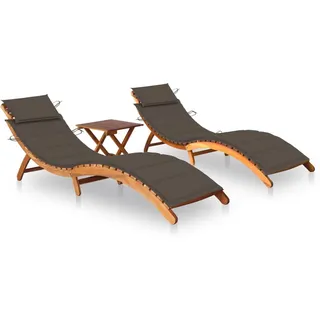 2er Set Liegen und 1 Tisch aus Akazie mit Auflage in Braun - Taupe