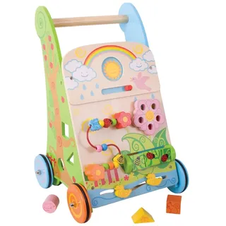 BigJigs Holz Lauflernwagen mit Aktivitätentafel - Blumen Motiv - Bunt