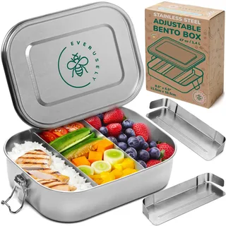 Edelstahl-Lunchbox – 1400 ml, 2 verstellbare Trennwände | Die Everusely-Lunchdose aus Metall ist bequem tragbar und spülmaschinenfest für eine einfache Reinigung.