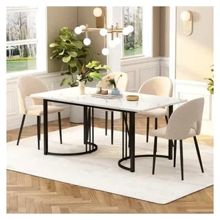 Esstisch 140x80 cm, Moderner Tisch in Marmoroptik mit Metallgestell – Rechteckiger Küchentisch, Höhenverstellbar, für Esszimmer & Wohnzimmer, Weiß/Schwarz - Weiß, Schwarz