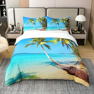 100% Baumwolle Ozean Beach Comforter Cover 135x200,Hawaiin Palm Tree Bettbezug,Sommer Küste Quilt Cover,Tropische Urlaub Stil Bettwäsche Set,Blaue Seewelle Bettbezug mit 1 Kissenbezug Reißverschluss