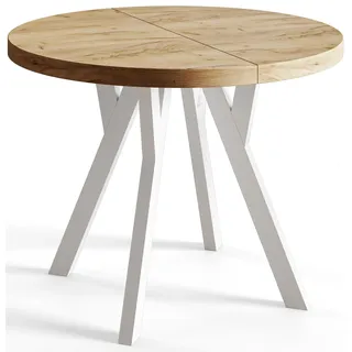 Esstisch Rund Ovo, Moderner Esstich Ausziehbar, Tisch mit Solide Beine, Stabile Konstruktion,, Durchmesser: 100cm-200 cm, Craft - Naturbelassen, Weiß
