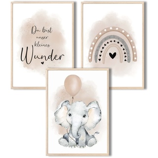 MeinBaby123® I Bilder Kinderzimmer | 3er Set DIN A4 Poster Set | Wandbilder | Kinderzimmer Poster | Deko Bilder Kinderzimmer Mädchen und Jungen | Wandposter Premium(Elefant & Luftballon beige)