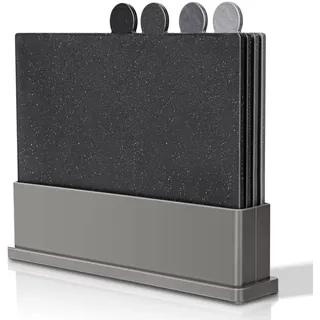 MASTERTOP Schneidebrett Kunststoff Set, 4er Schneidebrett Set mit Ständer, Index Schneidebretter Spülmaschinenfest, Groß Küchenbrett Frühstücksbrettchen für Fisch Fleisch Gemüse Obst