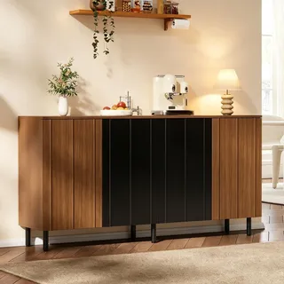 Merax Küchenbuffet Sideboard mit 4 Türen und Metallfüße, Kommode aus Spanplatte, Wohnzimmerschrank mit unterteilten Staufächern, Nussbaum + Schwarz - Naturbelassen