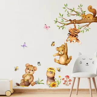 Supzone Wandtattoo Kinderzimmer Waldtiere Bär Wandaufkleber | Baum Tiger Waldmotiv Wandsticker für Kinderzimmer Babyzimmer Schlafzimmer Wanddeko