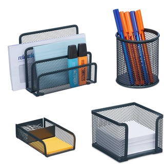 Relaxdays Schreibtisch Organizer Set 4-tlg, Metall, Dokumentenhalter, Zettelbox, Büroklammer- & Stiftehalter, anthrazit, 13,5 x 17,5 x 8 cm