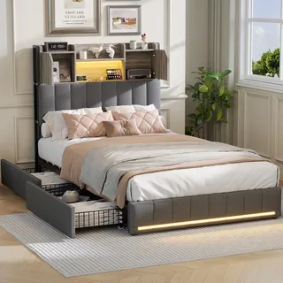 Fortuna Lai Polsterbett 90x200cm mit USB, Steckdosen und LED, Jugendbett Einzelbett mit 4 Schubladen, Stauraumbett Massivholzbett mit Lattenrost, Leinen, Grau - Grau