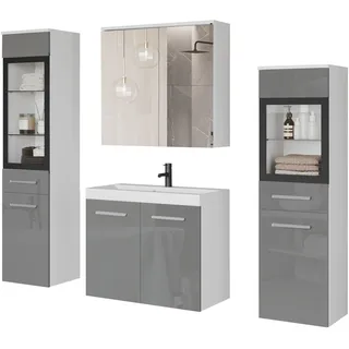 Badmöbel-Set WELLTIME "MADRIT II, Schrank mit Waschbecken, 2 Hänger, Spiegelschrank", weiß (weiß, grau hochglanz), B:120,4cm H:131,5cm T:34,5cm, Holzwerkstoff, Kastenmöbel-Sets, Badmöbel-Set, Hängende Badmöbel mit Glaseinsätzen – in vielen Farben erhältlich