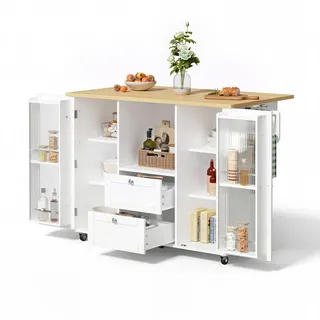 Stilvora Servierwagen in Weiß Kücheninsel mit klappbarer Arbeitsplatte und Gewürzregal, L120 × T45 (70) × H92 cm , Holzwerkstoff , Rechteckig , 137x92x70 cm , Küchen, Küchenmöbel, Kücheninseln