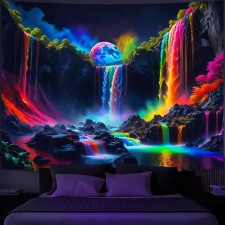 aupawdy Schwarzlichter Fantasy-Wasserfall-Planet Wandteppich, UV-reaktiver Naturteppich, Neon-Landschaft, Wandteppich Mehrzweck für Heimdeko Wohnzimmer und Schlafzimmer, 200 x 150cm