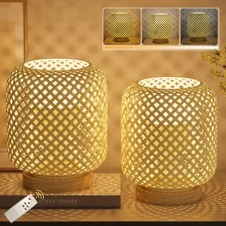 Klighten 2pcs Tischlampe Dimmbar Rattan, Bambus und Holz Tischleuchte Kabellose Mit Akku, Tischleuchten mit Batterie Mit Fernbedienung, 5500mAh, 7W, 3 Farbtemperatur 3000K-6000K, mit Leuchtmittel