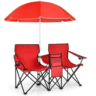 FANTASK Doppelsitzer Campingstuhl, 2-Sitzer Klappstuhl aus Oxford-Stoff & Stahl, Picknickstuhl mit Sonnenschirm, Kühltasche, Getränkehalter & Seitentasche, Faltstuhl für Camping, Angeln (Rot)