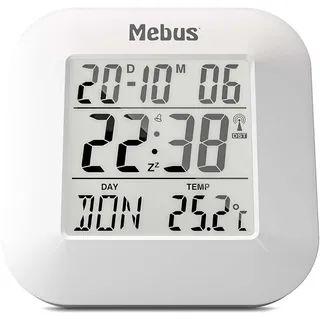 Mebus digitaler Funk-Wecker mit Thermometer, Datumsanzeige und Beleuchtung, Snooze-Funtion, Kunststoff, Weiß, 8 x 8,5 x 1,8 cm