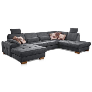 CAVADORE Wohnlandschaft Puccino mit Federkern, Bettfunktion, Sitztiefenverstellung und 2 Kopfstützen / Sofa in U-Form im Landhausstil / 340 x 86 x 224 cm / Mikrofaser grau