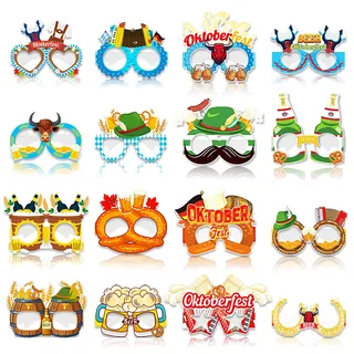 THXFUNAREA 16 Stück Oktoberfest Fotobox Oktoberfest Party Brille, Fotobox Accessoires Oktoberfest, Oktoberfest Party Deko, Lustig Papier Brillen Bier Brezel Bayrische Party Mix für Kinder Erwachsene