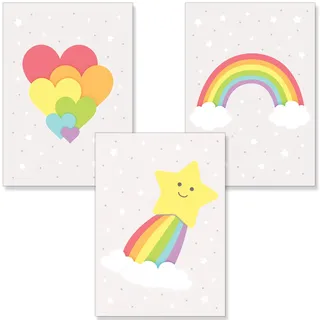 PREMYO Bilder Kinderzimmer Deko Mädchen Jungen - Regenbogen Poster Set Babyzimmer - Wandbilder Schlafzimmer Unisex A4