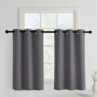 PONY DANCE Verdunklungsvorhänge Kurz H100 x B90 cm Gardinen Wohnzimmer | 2er Set, Grau, Thermovorhang Hitzeschutz, Blickdicht, Scheibengardinen mit Ösen, für Kleine Fenster, Blackout Curtains