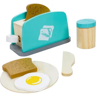 Spielzeug Toaster mit Zubehör, 2x Toast, Teller, Spiegelei, Messer, Becher , 2-Schlitz-Toaster mit manuellen Auswurf, Holzspielzeugzertifizier