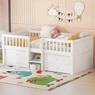 Merax Hochbett, Halbhohes Bett 90x200 cm, mit 4 Schubladen, Sicherheitsgeländer & Leiter, Kinderbett, Jugendbett, ohne Matratze, Weiß - Weiß