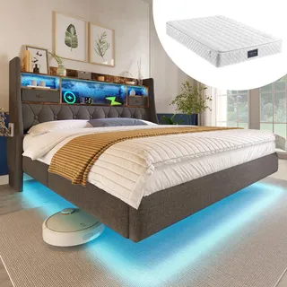 Ball & Cast Bettgestell (140x200 cm), Schwebebett mit Beleuchtung und Ladestation, Kopfteil mit Schublade & Seitentaschen, Leinen, Grau