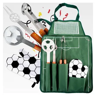 Grillbesteck im Fußball-Design I Grillset mit Grillzange, Grillwender, Grillschürze, Grillgabel und Grillhandschuh I BBQ Tools