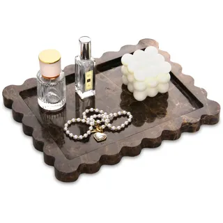 Marmor Tablett Gewelltem Naturstein Marmorplatte Badezimmer Tablett Luxuriöses Organizer Dekotablett für Schminktisch, Gewebe, Kerzen, Kosmetisch, Parfüm, Schlüsselring (Dunkelbraun, 27 x 20 cm)