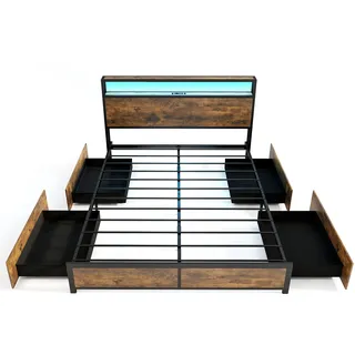 COSTWAY Bett mit LEDs, Ladestation & 4 Schubladen, Stauraumbett mit Kopfteil & Lattenrost, industrieller Bettrahmen, Metallbett, Doppelbett 200x160cm - Schwarz, Braun