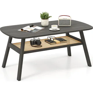 COSTWAY 2-stufiger Couchtisch, rechteckiger Tisch mit Rattan-Ablagefach & Gummibaumholz-Beinen, rustikaler Landhaus-Cocktailtisch für das Wohnzimmer - Dunkelgrau, Naturbelassen