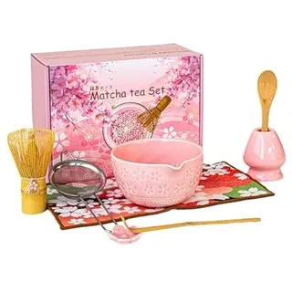 VINATO 7 Stück Matcha Set, Matcha Schale mit Ausgießer, Matchabesen Set mit Auslauf, Besen Halter, Sieb, Löffel und Halter, Japanisches Matchaset für Liebhaber der Teezeremonie, Rosa