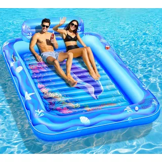 LanBlu Luftmatratze Pool Erwachsene, Wasser Matratze mit Lustiger Meereswelt, Aufblasbare Luftmatratze Pool XXL mit 2 Getränkehalter & Rückenlehne, 205 * 150CM Aufblasbare Liege Wasser 2 Personen
