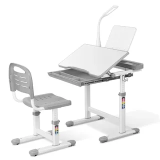 Kinderschreibtisch Set - Ergonomischer Schreibtisch mit Stuhl - Höhenverstellbar - Schublade - Buchstütze - Dimmbares LED-Licht - Hellgrau