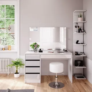Vicco Schminktisch Sherry Weiß 4 Teile, mit Aufbewahrungsregal, Spiegel, Hocker, Led Model 41627 - Weiß