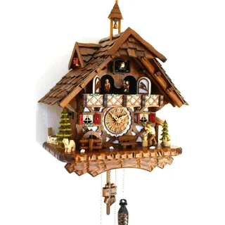 Schwarzwälder Kuckucksuhr Fachwerkhaus Quarz beweglicher Holzhacker Musik, batteriebetriebenes Quarzwerk - Braun