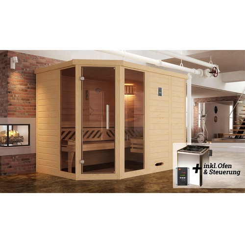 Bild von Premium Massivholz-Elementsauna Kemi Eck 2 mit Glastür/Fenster inkl. Komfortpaket-7,5 kW BioS inkl. Steuerung