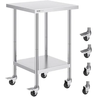 Vevor Arbeitstisch aus Edelstahl, 61 x 61 x 96,5 cm, Zubereitungstisch Gastro mit 4 Rädern, 3 einstellbaren Höhenstufen, Arbeitstisch zur Lebensmittelzubereitung für gewerbliche Küchen und Restaurant